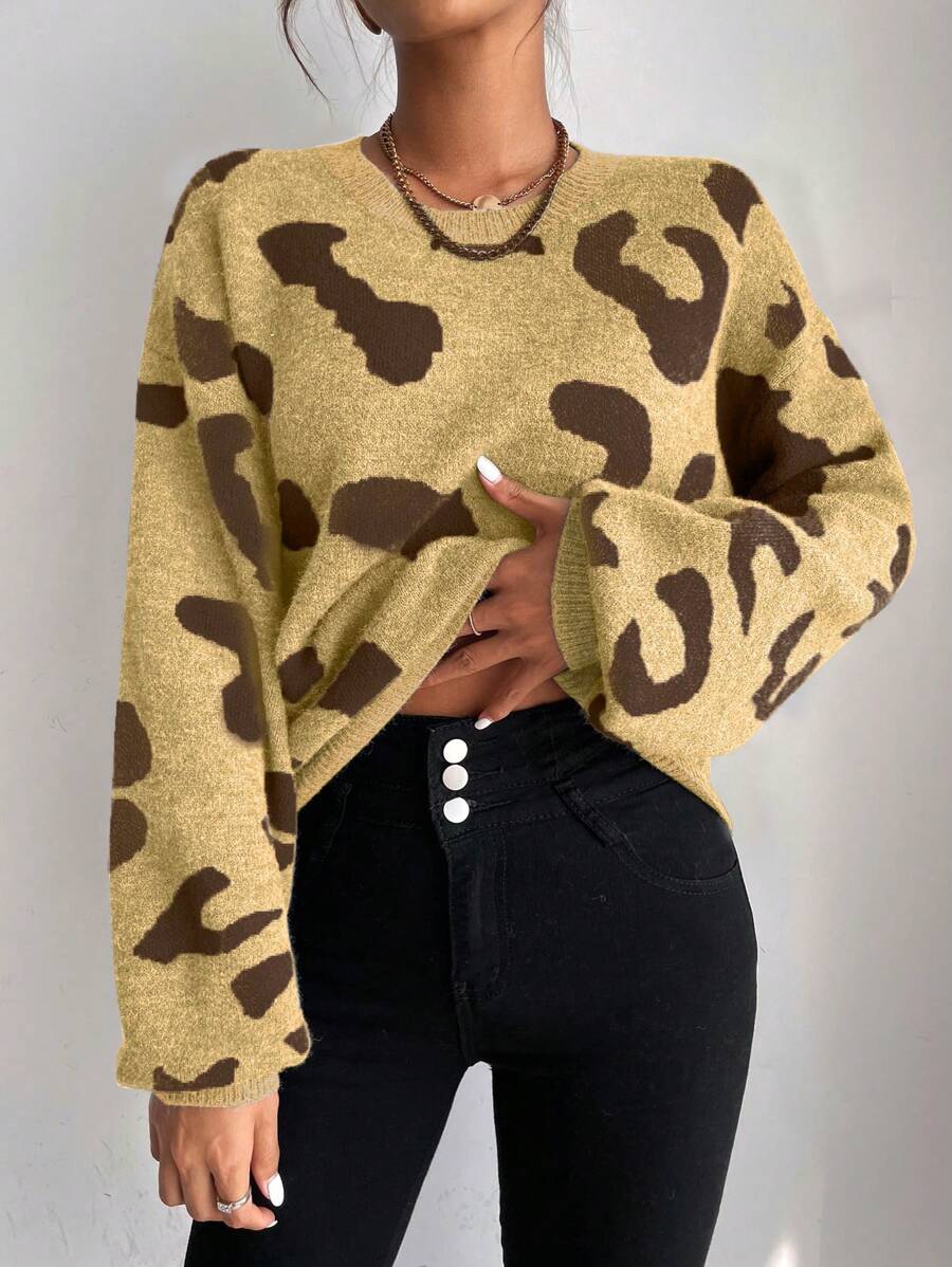 SHEIN Unity 1pc Autumn/Winter Casual Leopard Print Sweater Knit Pullover Fall - Yellow - View 1