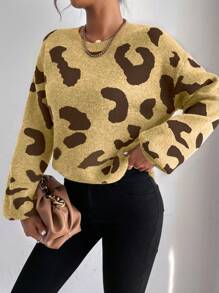 SHEIN Unity 1pc Autumn/Winter Casual Leopard Print Sweater Knit Pullover Fall - Yellow - View 6