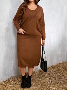 SHEIN Bộ 2 món áo len và váy trơn màu cỡ lớn cho mùa thu/đông - Cà phê nâu - Xem 4