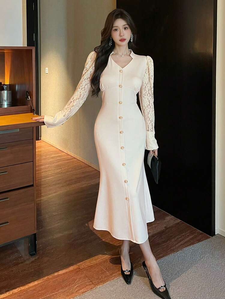 Women's Long Lace Patchwork Bodycon Elegant Dress, Fall Dress Long Sleeve Dress