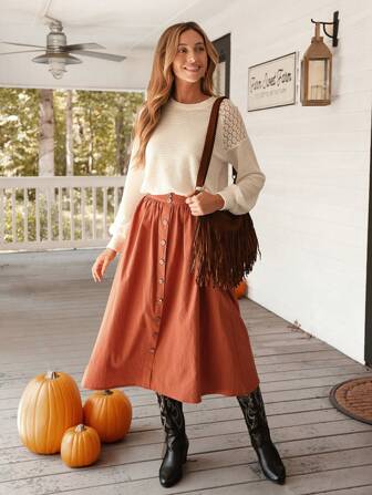 SHEIN VCAY Women's Button Decor A-Line Skirt, Autumn