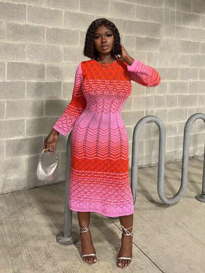 Zolique Women's Crew Neck Long Sleeve Wavy Striped Sweater Dress, Casual Everyday Wear Fall Cloth For Women