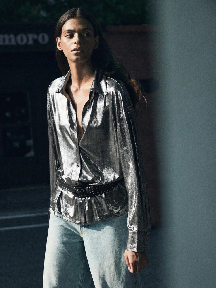 SHEIN Maija Women Fashion Metal Button Long Sleeve Casual Street Style Charm Blouse