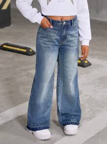 SHEIN 青春期女孩 Y2K 大胆校园精神必备全年百搭时尚单品，女孩休闲日常街头服饰复古风格喇叭舒适水洗牛仔裤