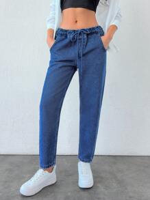 EURMUSE 100% Cotton Women Drawstring Waist Tapered Leg Casual 7/8 Length Jeans - Blue - View 1