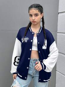 SHEIN Chaqueta informal de manga larga con estampado de parches de letras para niña adolescente