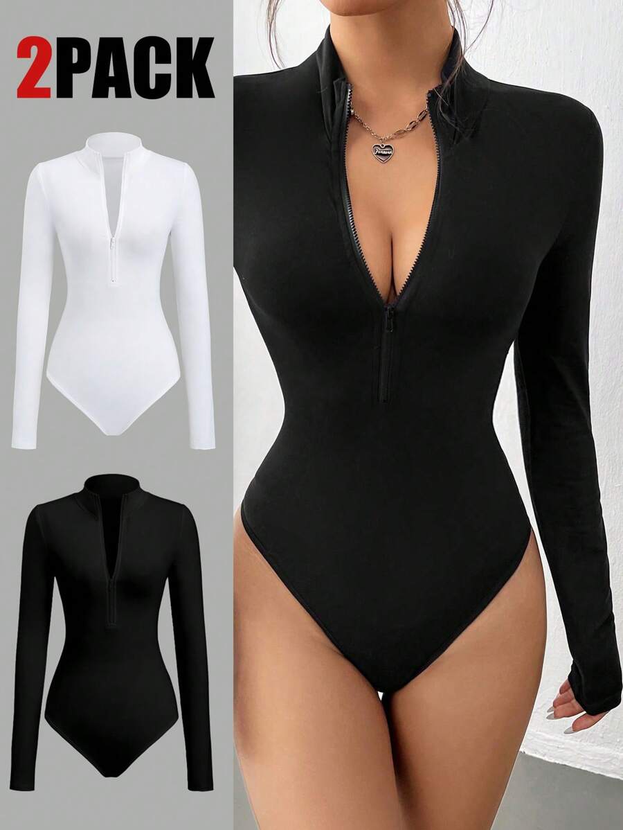 FavEase 2pcs White & Black Mock Neck Zip-Front Long Sleeve Bodysuit Fall Cloth For Women - Multicolor - View 1