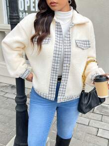 SHEIN Frenchy Chaqueta casual de talla grande de manga larga con botones delanteros, parche de color contrastante y bolsillo falso, para invierno - Albaricoque - Ver 5