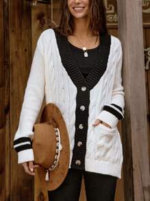 SHEIN LUNE Women's Casual V-Neck Loose Contrast Color Pockets Knitted Cardigan, Autumn/Winter Fall Cloth For Women - Beige - View 1