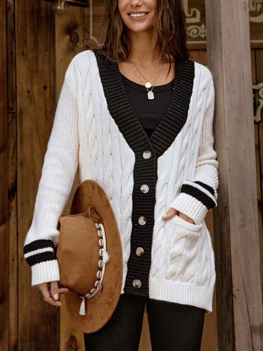 SHEIN LUNE Women's Casual V-Neck Loose Contrast Color Pockets Knitted Cardigan, Autumn/Winter Fall Cloth For Women - Beige - View 1
