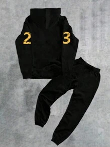 Manfinity EMRG 2pcs Men's Casual Letter & Numeral Print Hooded Sweatshirt And Sweatpants Set,Men Tracksuit,Men Two Pieces Outfits,Graphic Sweatshirt