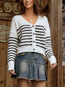 LanaWest Women's Casual Loose Fit V-Neck Striped Long Sleeve Cardigan, Autumn And Winter - Beige - View 1