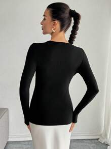 SHEIN Essnce Women's Fashionable Shiny Rhinestones Bow Decor Long Sleeve Crew Neck Casual Side Slits Black T-Shirt Slim Fit T-Shirt
