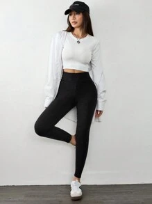 Muchica Solid Wide Waist Leggings - Black - View 6