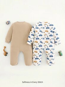 Cozy Pixies 2pcs Infant Baby Boys Cartoon Car Knitted Soft Crew Neck Long Sleeve Romper With Footed Pants Set
