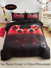 2/3 pièces Parure de couette en polyester imprimé de manette de jeu, parure de lit minimaliste et personnalisée convenant pour toutes les saisons (1/2 taie d'oreiller + 1 couette)