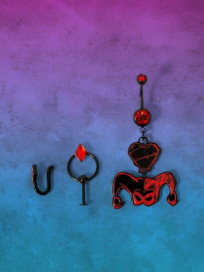 Harley Quinn | ROMWE 3pcs Joker Design Nose Ring, Lip Ring And Navel Ring Set