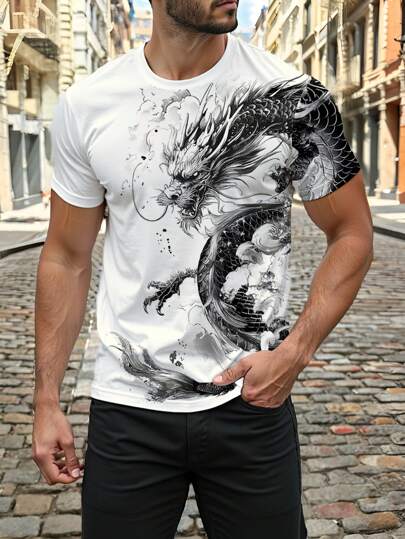 Manfinity LEGND 时尚休闲中国水墨龙印花常规版型圆领男士 T 恤