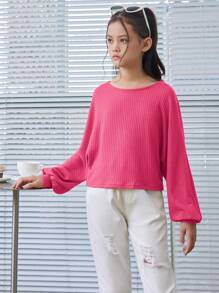 SHEIN Leap Crew Tween Girls Ribbed Loose Retro Crop Long Sleeve T-Shirt, Fall/Winter - Hot Pink - View 3