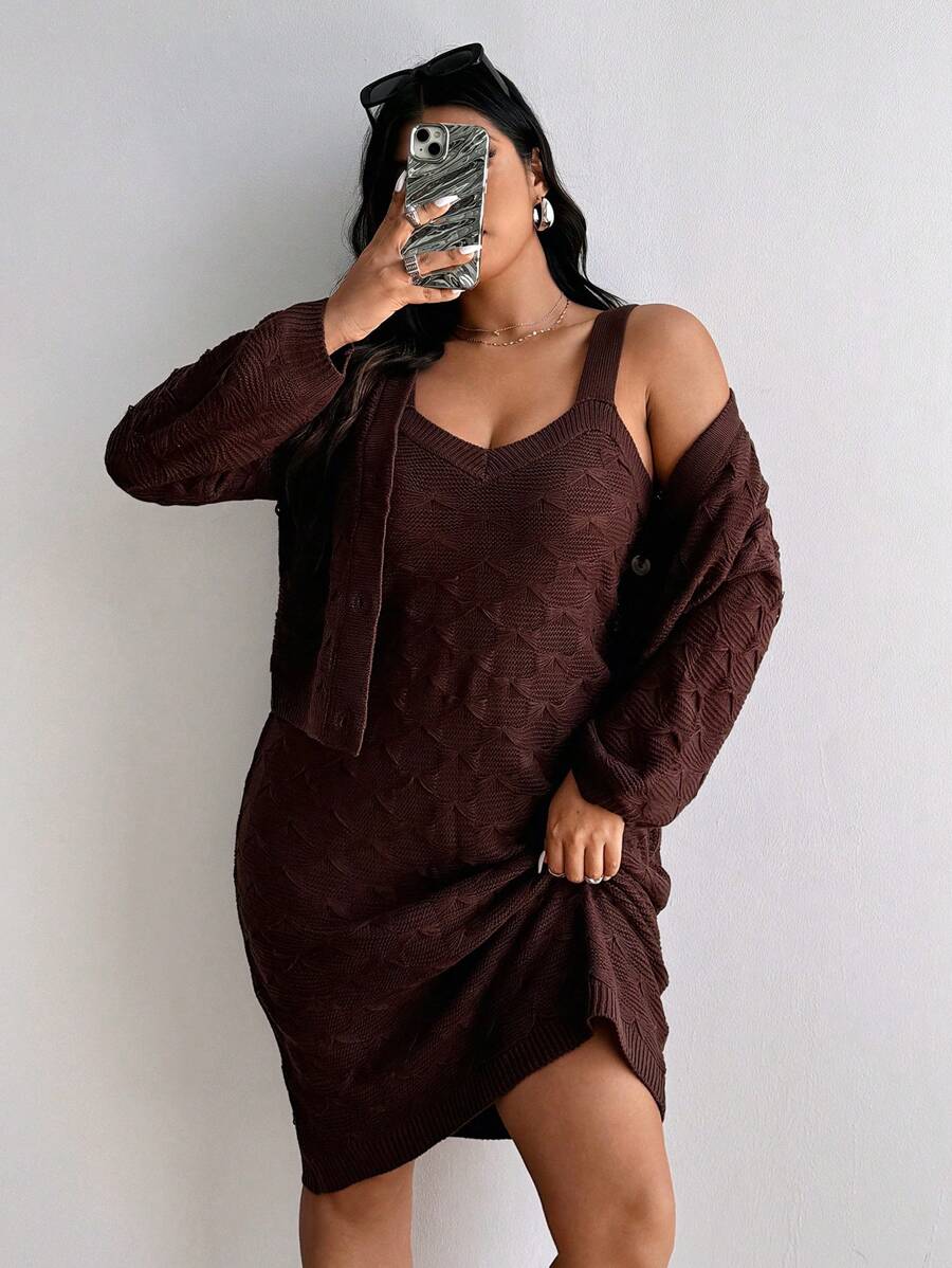 Flirla 2pcs Plus Size Women Pullover Sweater Set, Autunm Winter Fall Cloth For Women - Coffee Brown - View 1