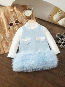 SHEIN 2 件套女婴多层荷叶边网眼撞色纯色无袖拉链连衣裙，配有仿口袋和罗纹饰边长袖上衣，甜美舒适，春秋冬 - 淺藍色 - 查看 8