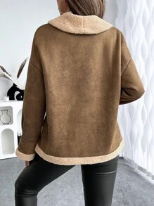 Chiquease Vintage braune wildlederartige kunstfell Jacke für Damen, Dick warmer Umlegekragen Kontrast-Farbe Fellbomber Mantel, Herbst/Winter