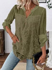 EMERY ROSE Embroidered Chiffon Casual Long Sleeve Loose Blouse Fall Cloth For Women - Olive Green - View 3