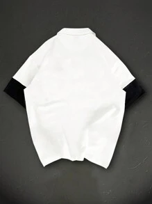 Manfinity Hypemode Men's Striped Print Short Sleeve Loose Casual Polo Shirt,Boy Friend Gifts, All Seasons - White - View 2