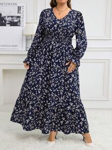 SHEIN Clasi 大码褶皱碎花长袖连衣裙