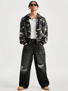 Manfinity VCAY Sudadera holgada de punto con estampado digital de manga larga para hombre, para otoño e invierno - Negro - Ver 2