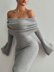 Flirla Seksowna, dopasowana, dzianinowa sukienka swetrowa z odkrytymi ramionami i rozcięciem na dole, jesień/zima