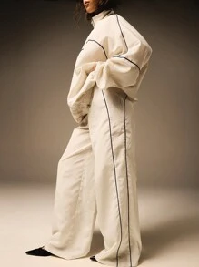 Athîral 2 件套女士休闲拼色夹克和裤子套装，秋季