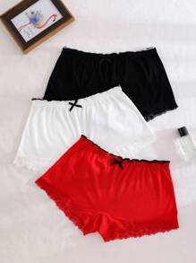 PetitDoll 3pcs/Set Women Casual Lace Panel Ribbed Trim Boyleg Briefs - Multicolor - View 6