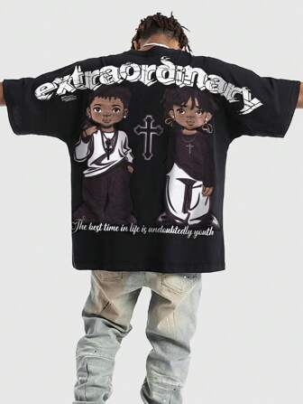 Street Life Camiseta casual de manga corta con estampado, de manga de murciélago para hombres