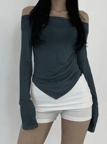 DAZY Women's Solid Off-Shoulder Long Sleeve Minimalist T-Shirt, Casual Daily Wear