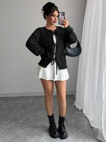 Chiquease Long Sleeve Cardigan With Tie Front Design - Black - View 6