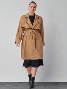 SHEIN Clasi 大码女式秋季双排扣休闲翻领夹克 - 駝色 - 查看 4