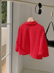 Comfortcana 女士夏季休闲纹理红色编织短款衬衫 - 紅色 - 查看 2