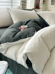 3件組白色與深灰色床上用品套裝，1件被套與2件枕套，適用於男孩與女孩的宿舍房間，極簡時尚居家裝飾，柔軟舒適的臥室床上用品，時尚套裝，可機洗，不含填充物 - 白色 - 查看 4
