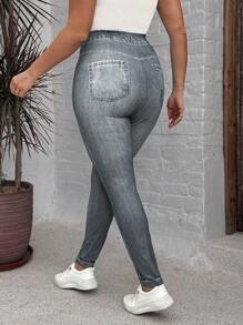 SHEIN LUNE Celana Legging Jegging Ketat Elastis untuk Wanita Ukuran Plus dengan Efek Denim - Dark Grey - View 2