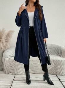 SHEIN LUNE Áo khoác dáng lửng thời trang cỡ lớn, màu trơn, có mũ, thiết kế túi, thích hợp cho mùa thu, lễ hội, mùa đông. - Màu xanh hải quân - Xem 4
