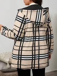 SHEIN LUNE 大码女式格子印花抽绳腰带帽双面休闲夹克，秋季 - 黑色 - 查看 2