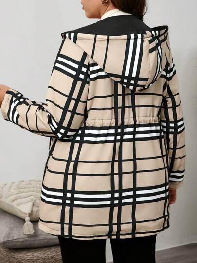 SHEIN LUNE Plus Size Women's Plaid Print Drawstring Waist Hooded Reversible Casual Jacket, Autumn Winter Fall
