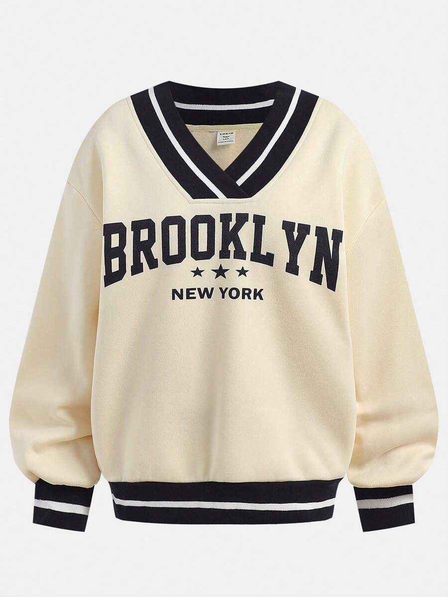 SHEIN Girlism Teen Girls' Solid Color Striped Rib Knit Letter Print V-Neck Loose Casual Sweatshirt - Apricot - View 1