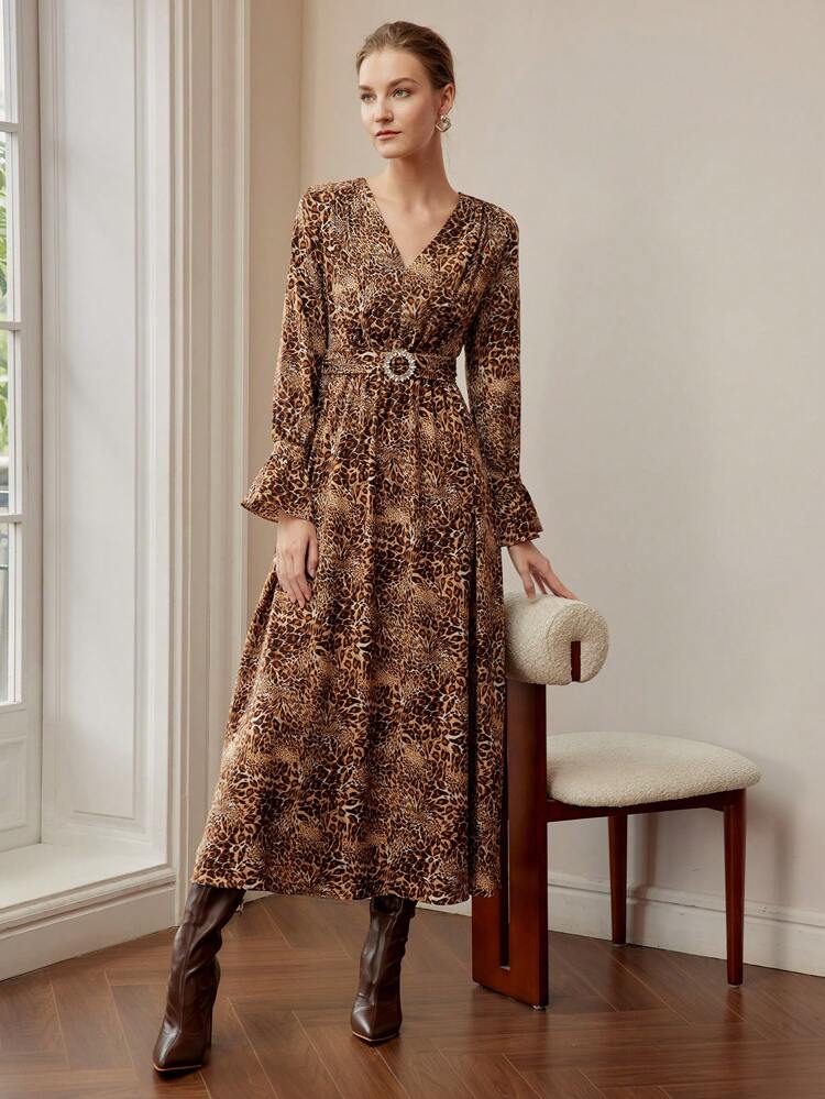 LEOPARD PRINT V-NECK FLARE SLEEVE RHINESTONE BUCKLE BELTED LONG DRESS
