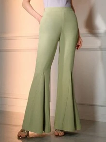 The Great Gatsby x MOTF 纯色弹力腰喇叭裤 - 綠色 - 查看 8