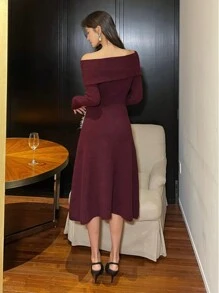 DAZY Valentine's Day Solid Color Off Shoulder Bow Knitted Mid-Length Sweater Dress For Women,Fall Clothes Fleece Lined Red Women Dresses Prom Dress