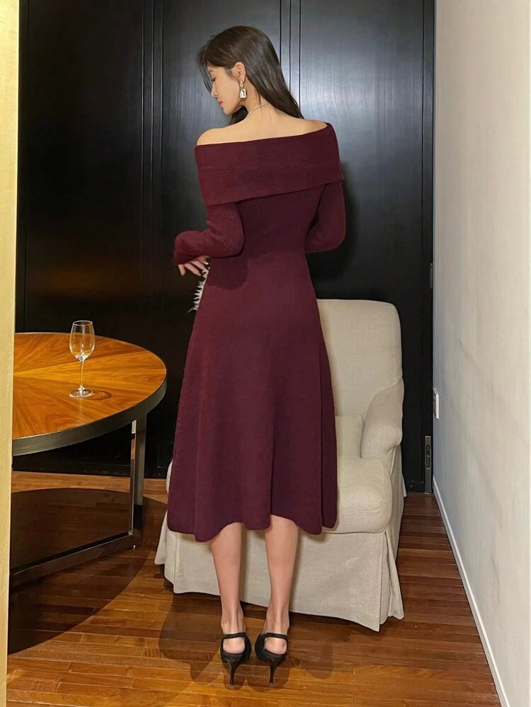 Valentine's Day Solid Color Off Shoulder Bow Knitted Mid-Length Sweater Dress For Women,Fall Clothes Thermal Lined Red Women Dresses Prom Dress