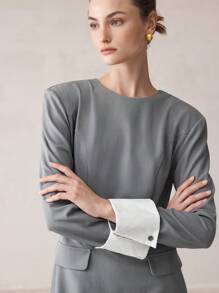 BizChic 女士休闲系腰圆领长袖迷你连衣裙，优雅女士办公室连衣裙，秋季 - 灰色 - 查看 2