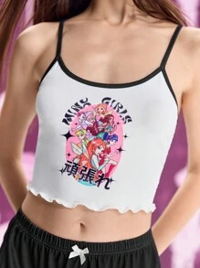 Winx Club X ROMWE Conjunto de pijama con top tipo camiseta corta con gráfico de letra de dibujos animados y shorts, con ribete de lechuga - Negro - Ver 2